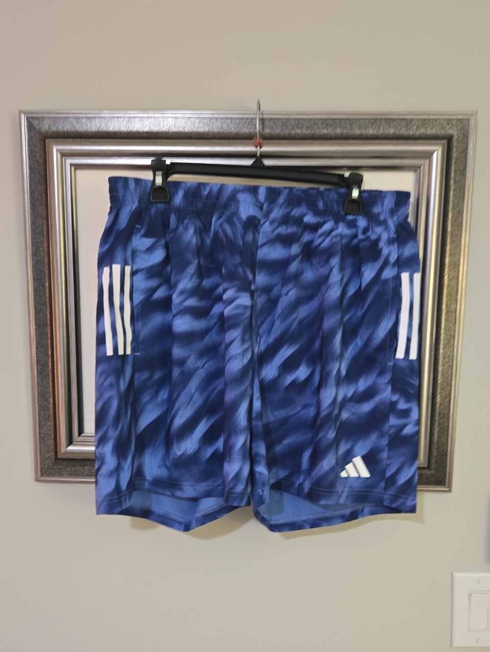 adidas Men’s Blue Camouflage Athletic Shorts with White Stripes